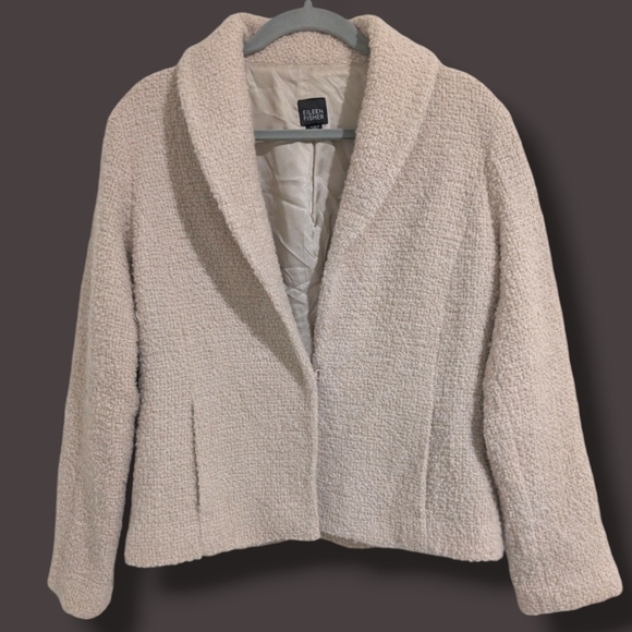 Eileen Fisher Cream Fuzzy Teddy Boucle Wool V-Neck Single Closure Blazer Jacket - Picture 2 of 15